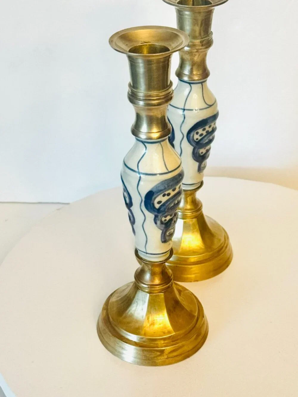 Pair Delft Vtg Blue White Ceramic Brass 9